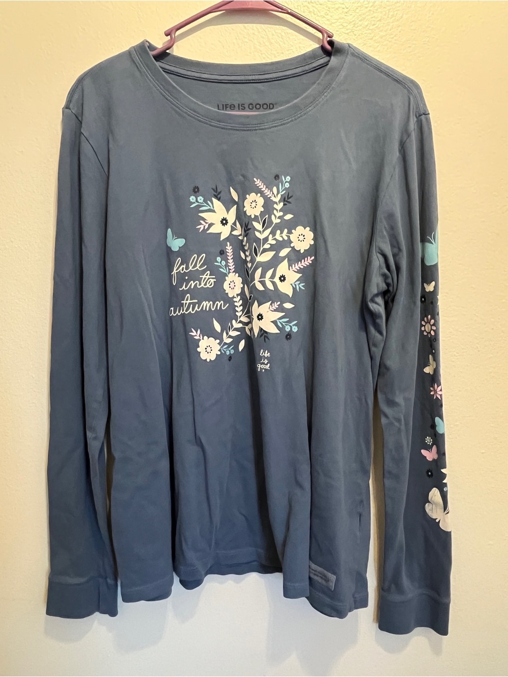 Life Is Good Slate Blue Long-Sleeve Tee with Floral 'Fall Into Autumn' Graphic L